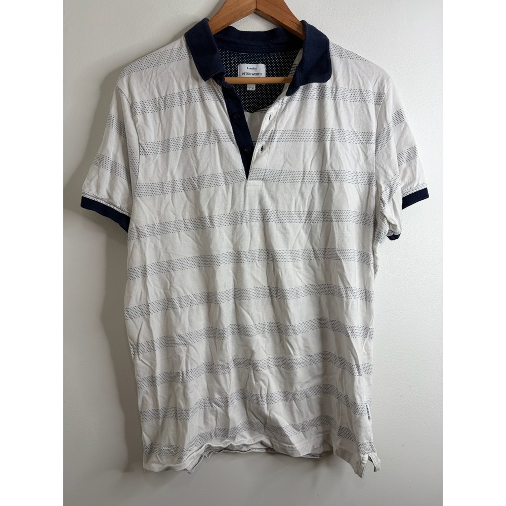 Peter Werth London Mens Orchard Striped Polo Shirt White Navy Blue Size M